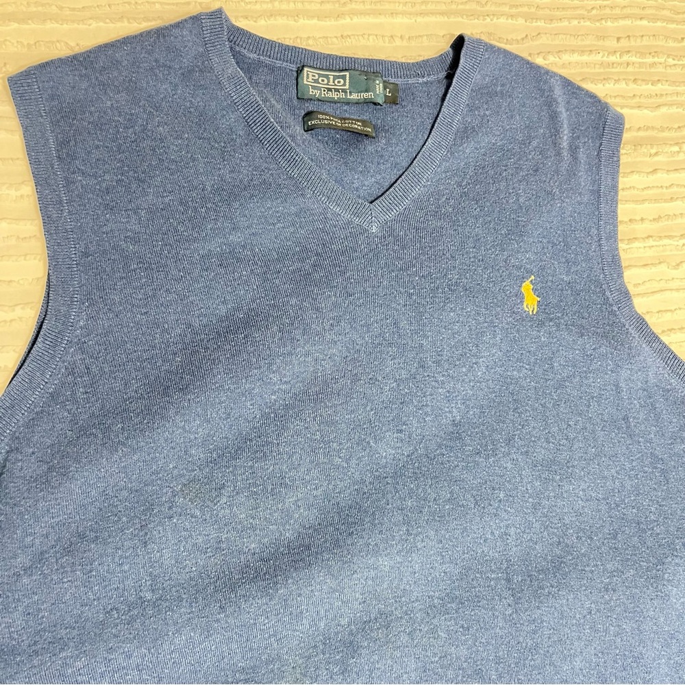 Polo Ralph Lauren Men’s Sweater Vest Navy Blue V-Neck Pima Cotton Yellow Pony L